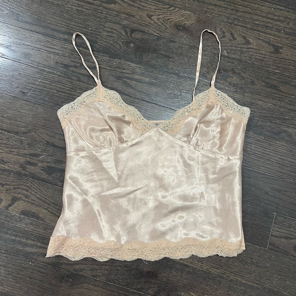 Embellished satin champagne colored tank top with sequins